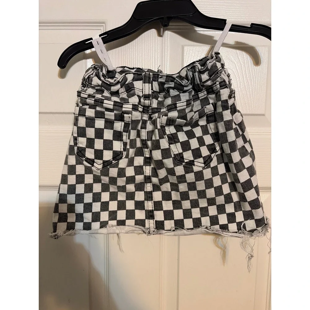 Steve Madden Kids Girls Checkered Denim Mini Skirt Black White Frayed Hem Size 8